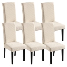 Fuloon Waterproof Jacquard Stretch Box Cushion Dining Chair Cover | 6 PCS | Beige